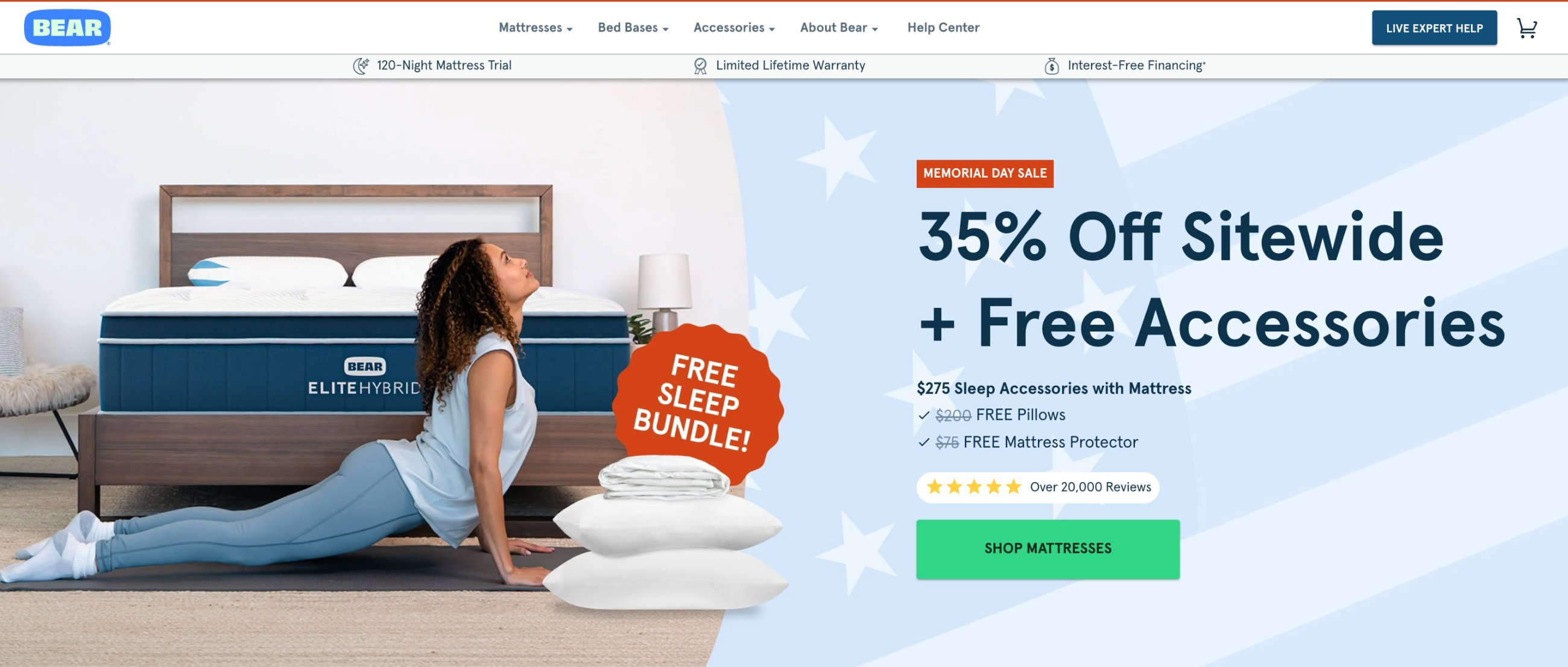 New Bear homepage with review count next to the 'Shop Mattresses' CTA