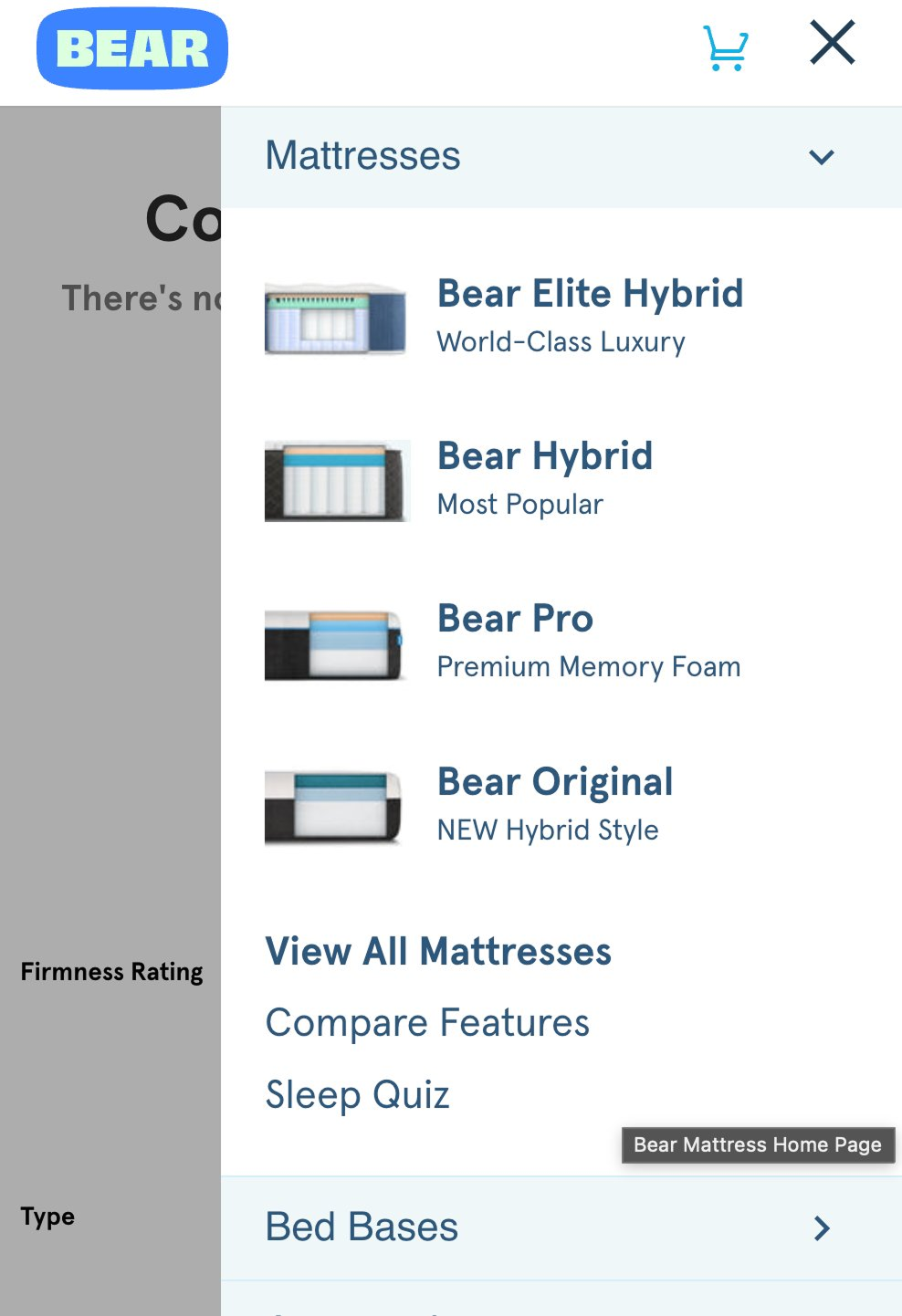 New Bear mobile menu with the MENU label next to the hamburger icon and mattress photos inside