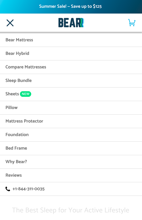 Old Bear mobile menu without the MENU label or product photos