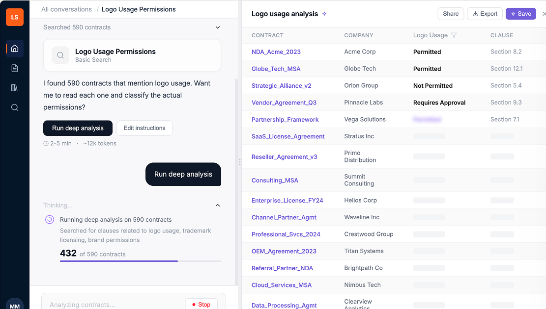 LinkAI answer-first interface: streamed answer, citations, and a stop control